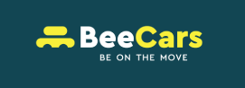 BeeCars logo on a teal background: yellow car icon, 'BeeCars' text, and the slogan 'BE ON THE MOVE'