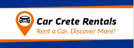 Car Crete Rentals logo: orange location pin with a car icon and the slogan 'Rent a Car. Discover More!' on a white banner with blue accents.