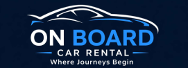 On Board Car Rental logo with a blue car silhouette and the slogan 'Where journeys begin' on a dark blue background.