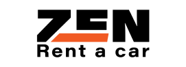 ZEN Rent a Car logo featuring a bold black wordmark and an orange curved stripe.