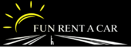 Logo for Fun Rent A Car with a stylized yellow sun and curved white road under the text.
